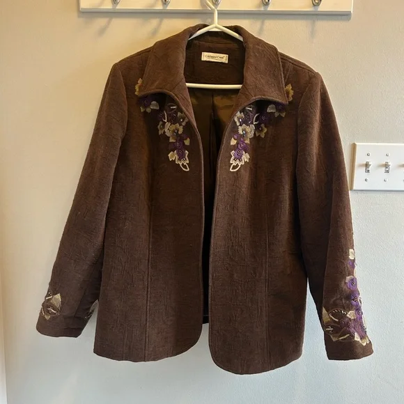 Coldwater Creek Beaded Embroidered Brown Open Front Jacket Floral Boho Women’s - Picture 2 of 10